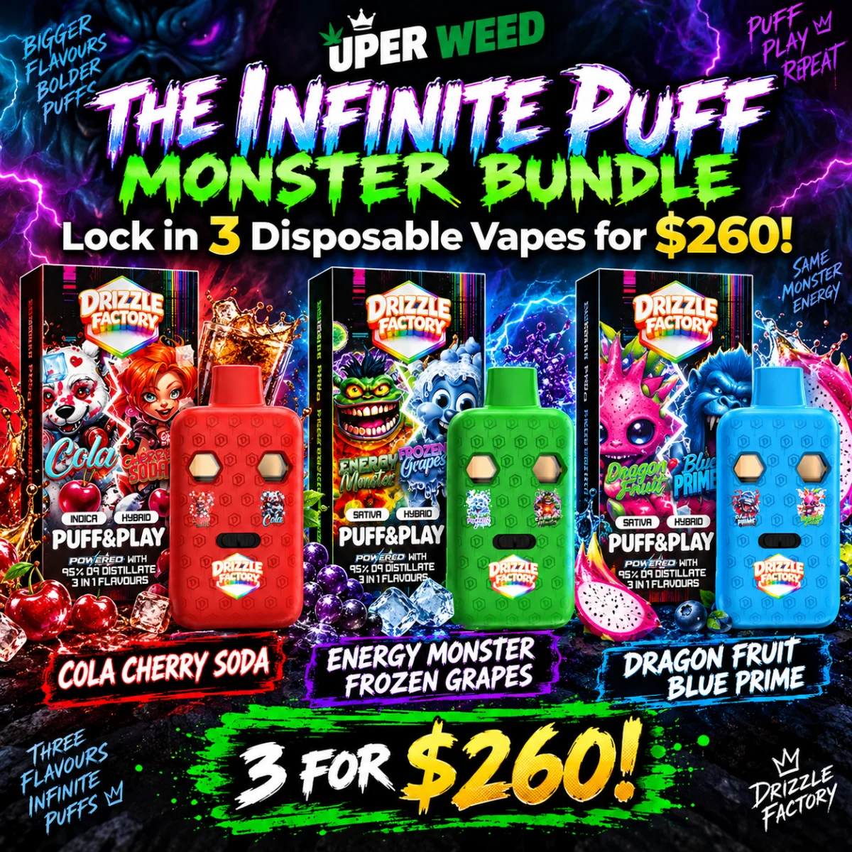 The Infnite Puff Monster Bundle: Lock in 3 Disposable Puff & Play Vapes for $260!