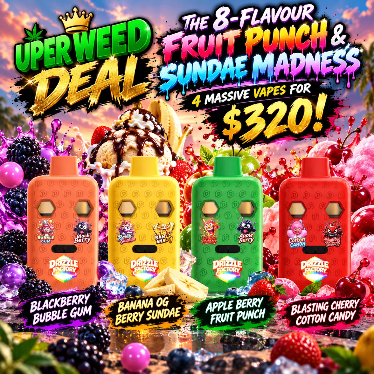 The 8-Flavour Fruit Punch & Sundae Madness: 4 Massive Vapes for $320 (Puff & Play)